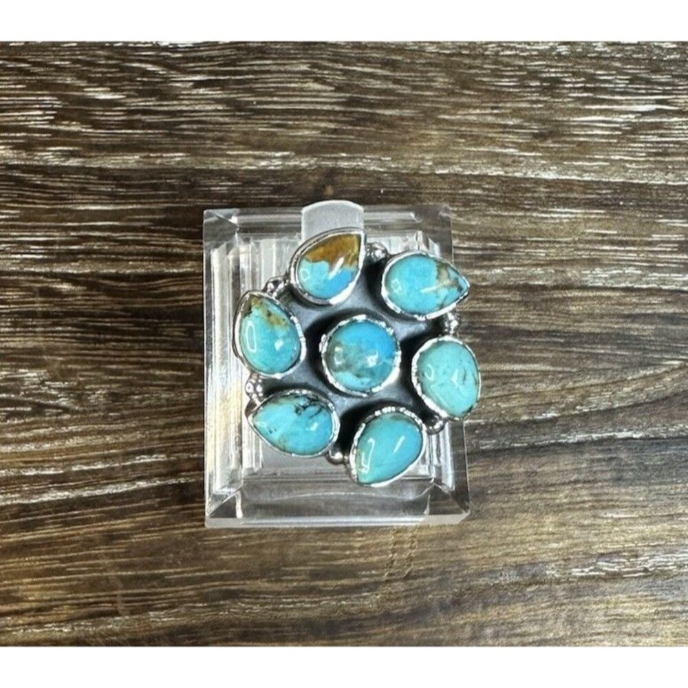 Southwest Sterling Silver Kingman Turquoise Teardrop Pinwheel Cluster Ring 9 Adj
